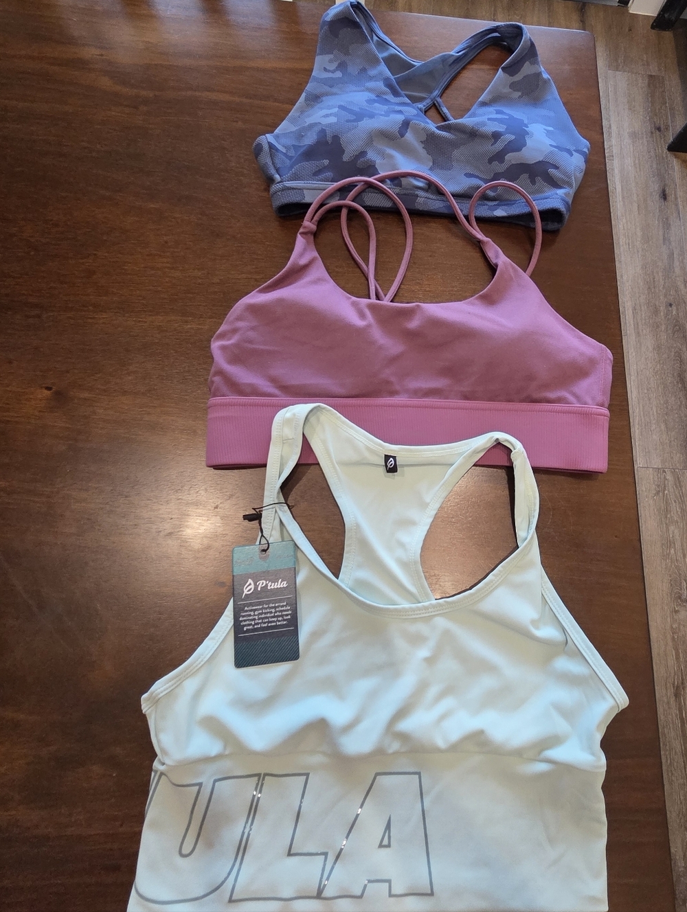 P'tula Women's Sports Bra Set - Blue Camo, Mauve Pink, Light Mint